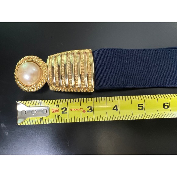 Day-Lor USA Vintage Navy Blue Elastic Cinch Belt Gold Faux Pearl Buckle Retro main image 4